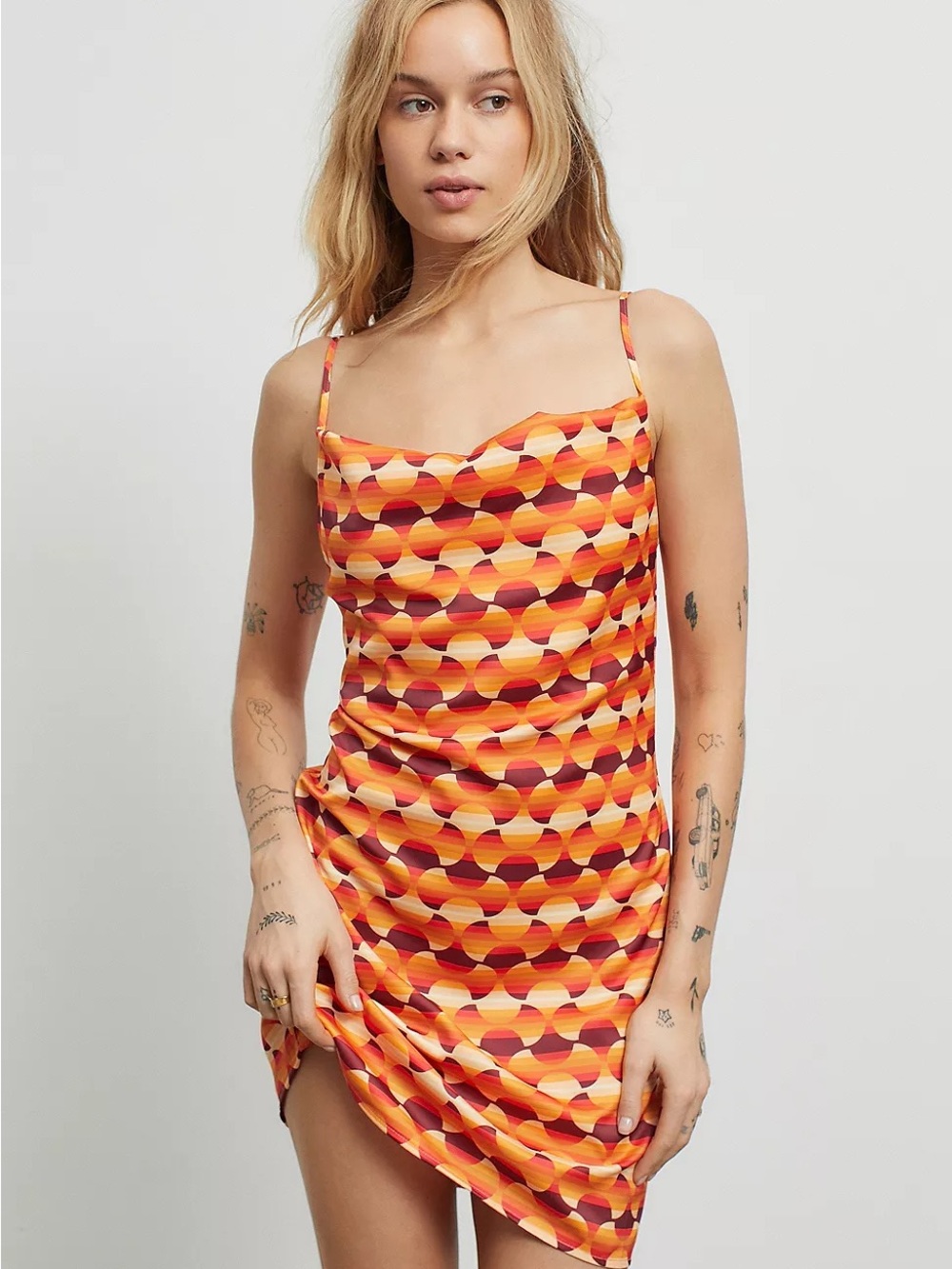 UO Retro 90s inspired Printed Mallory Cowl Slip Mini Dress